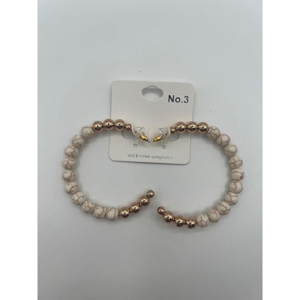 No.3 White Marble Turquoise Rose Gold Beaded Hoop Earrings Boho Western Large